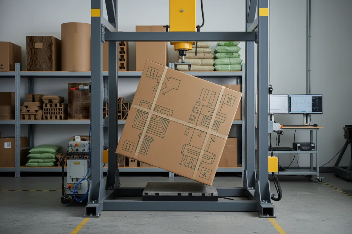 ISTA standard drop-testing machine simulating transit impacts on a furniture box.