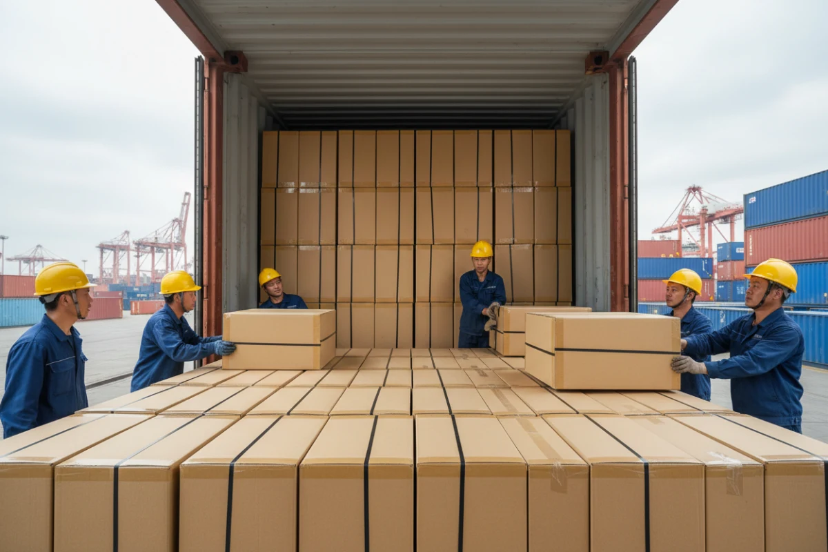 Standardized shipping boxes packed tightly into a sea container to reduce furniture shipping cost China.
