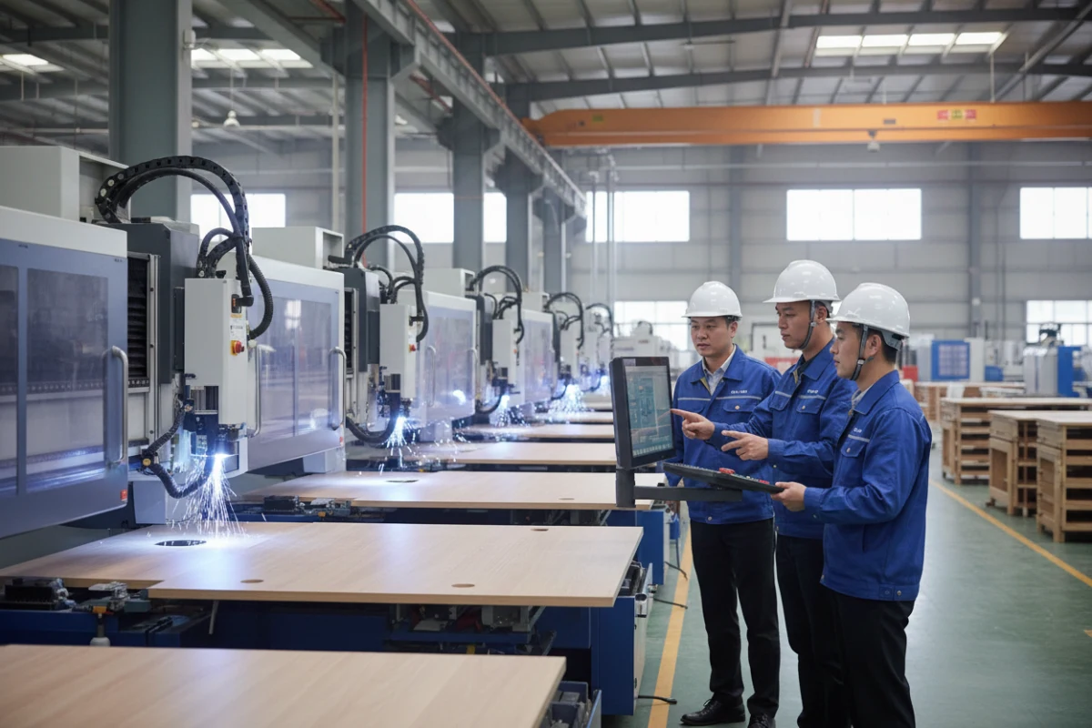 A state-of-the-art office furniture factory floor in China featuring advanced automated CNC wood-cutting machinery.