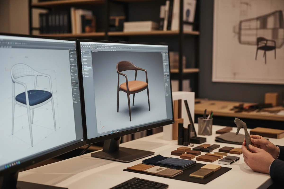 Detailed CAD drafting process by a custom dining chair contract supplier.