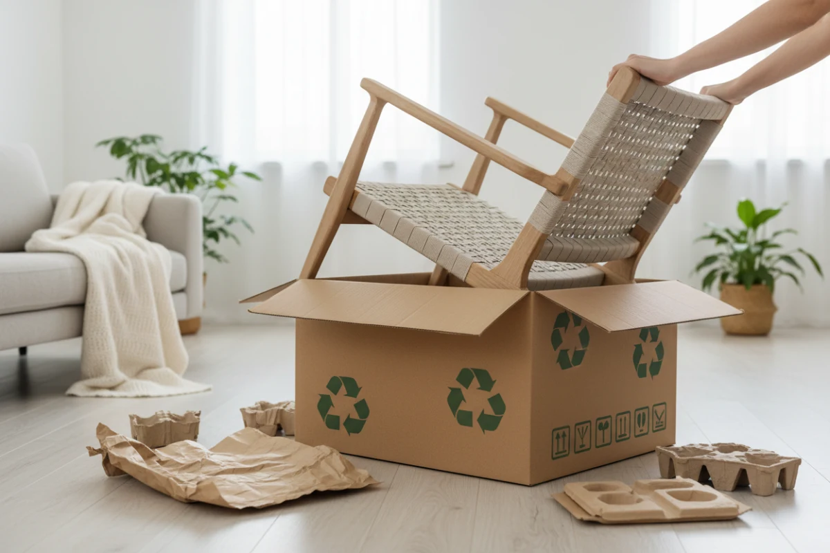 Customer unboxing furniture packed with eco friendly furniture packaging.