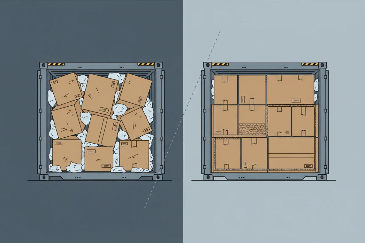 Infographic comparing bad container utilization versus optimized furniture carton loading.