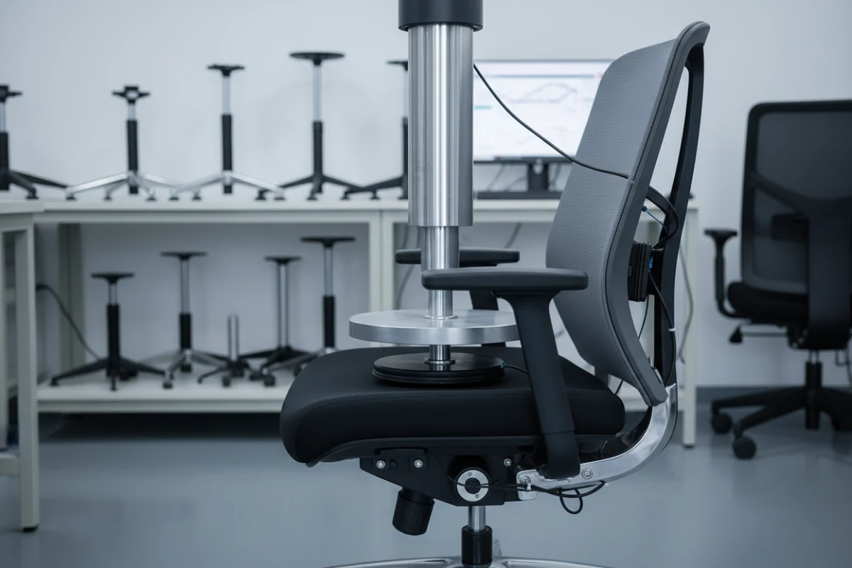 An office task chair undergoing automated weight and durability stress testing in a quality control laboratory.