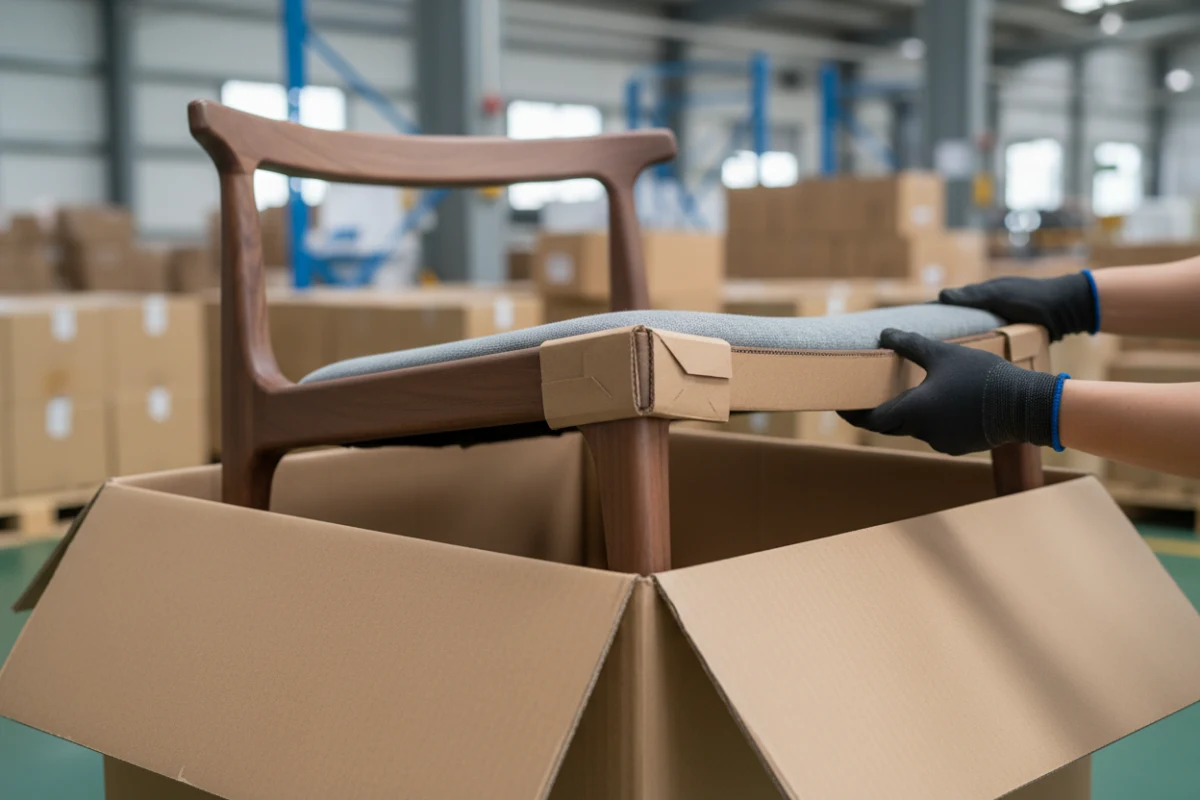 Protective foam and corner guards applied to a wooden dining chair inside an export carton