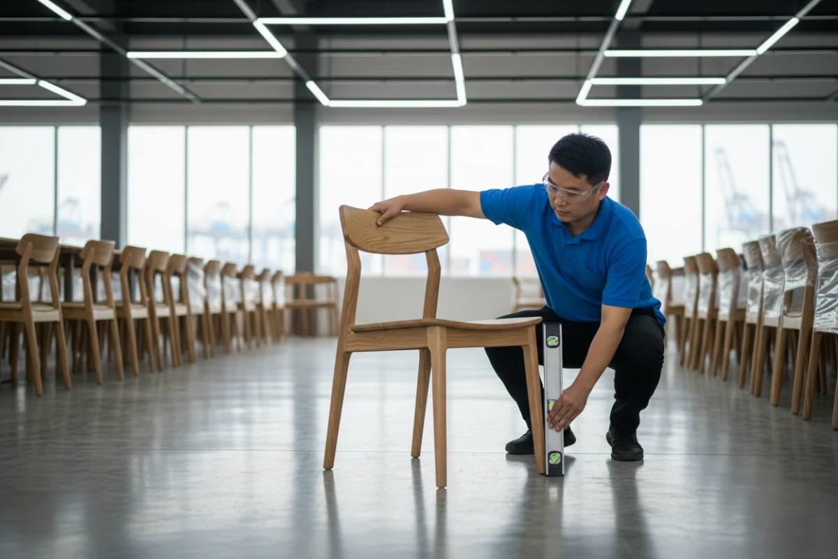 Third-party inspector verifying the wood quality and finish of a dining chair in a manufacturing facility
