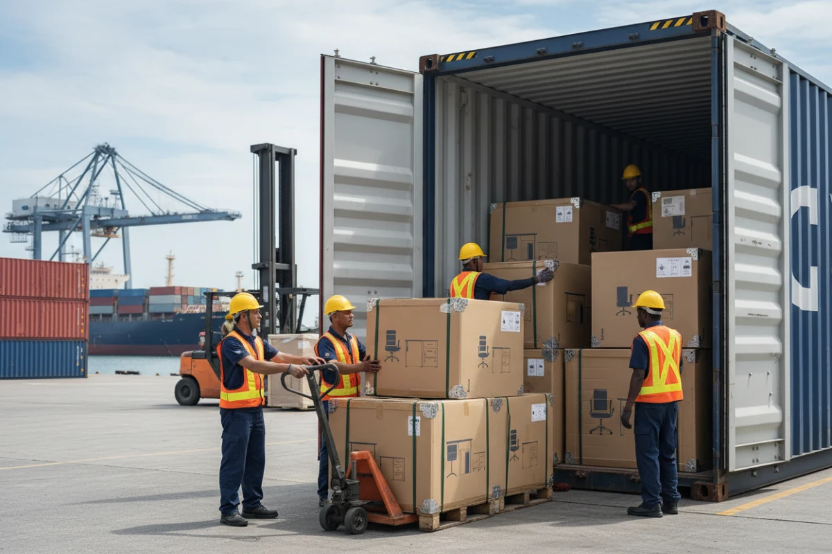 Workers carefully loading flat-packed commercial office furniture boxes into a shipping container at a Chinese logistics hub.