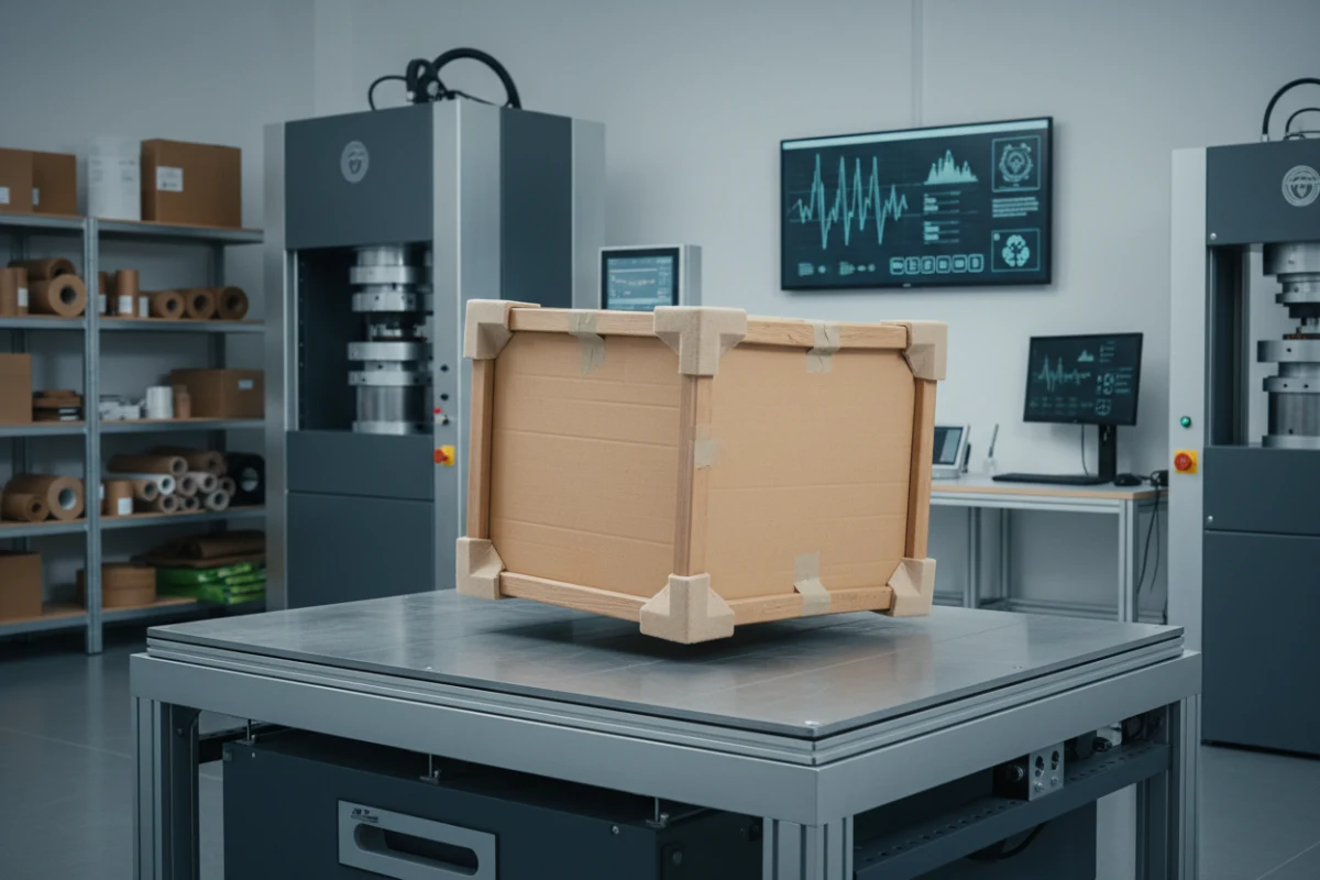 A furniture package being tested for protective packaging for furniture standards.