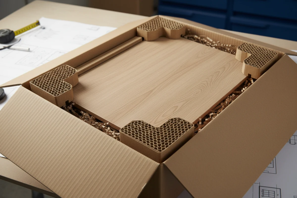 Honeycomb paperboard cushioning protecting the corners of flat-packed furniture.