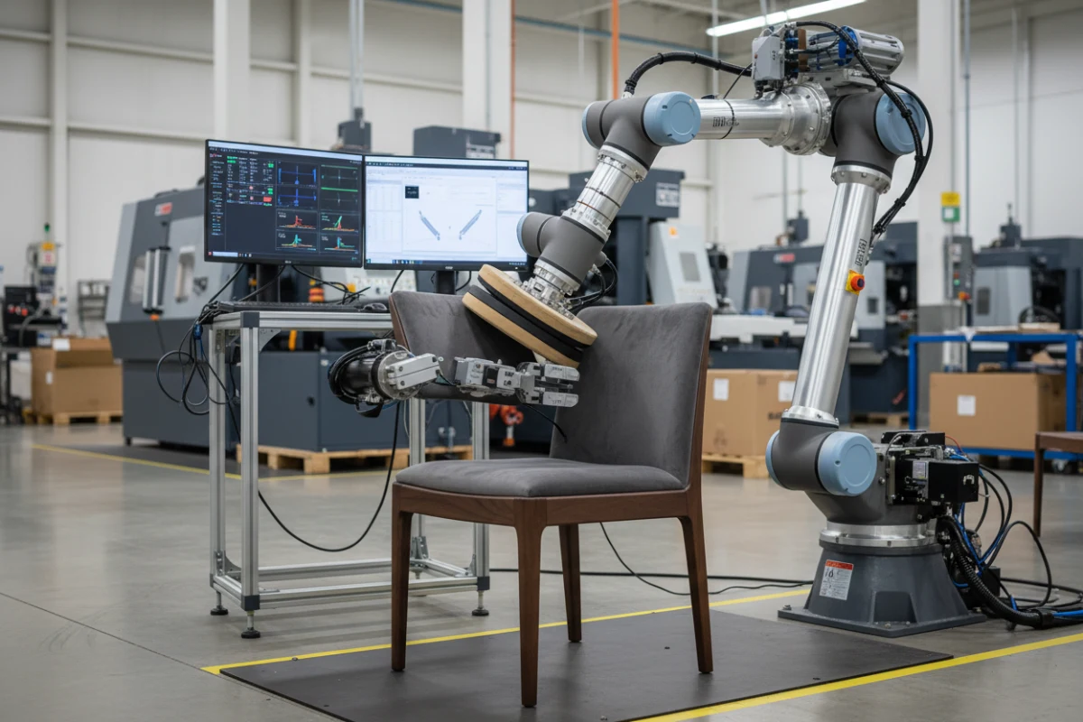 Rigorous structural and BIFMA compliance testing at a commercial dining chair manufacturing facility.