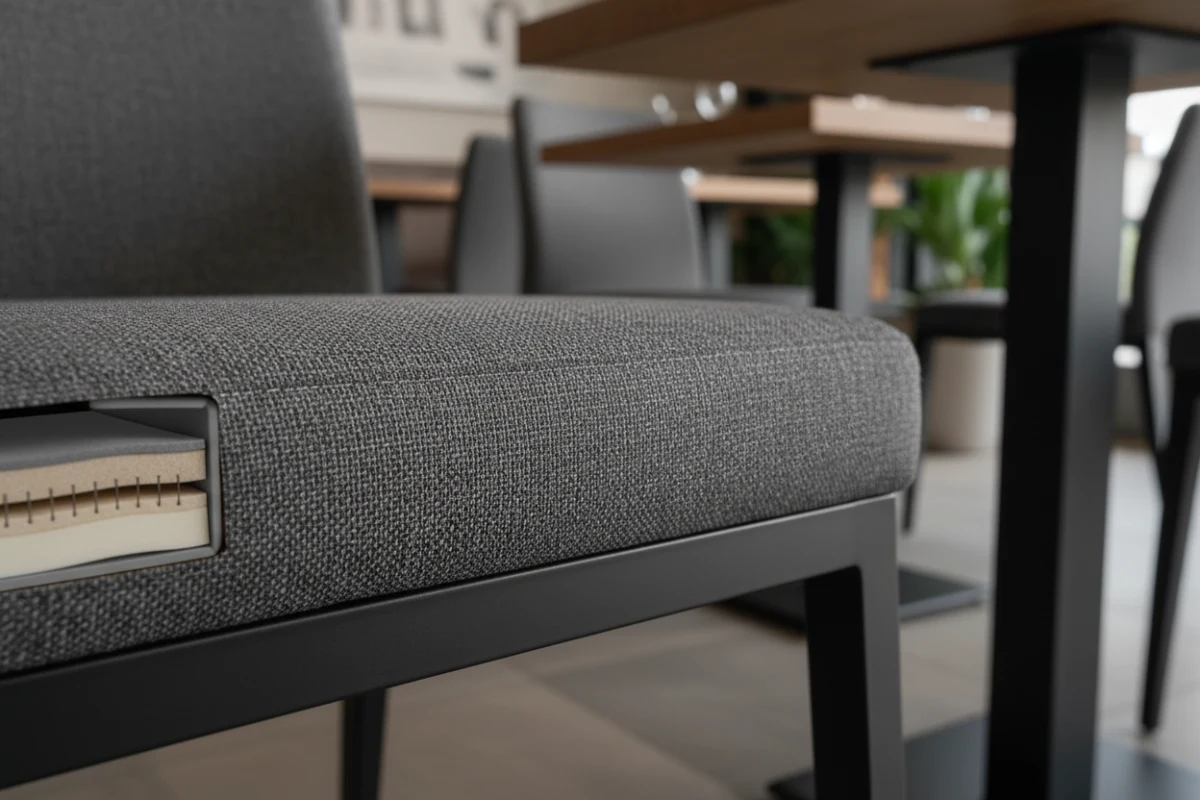 Close-up of a durable commercial dining chair illustrating high-quality craftsmanship, tight stitching, and strong structural frame.