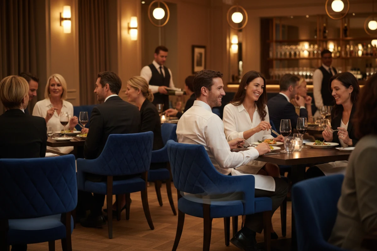 Guests enjoying fine dining on comfortable upholstered dining chairs with springs in an upscale restaurant.