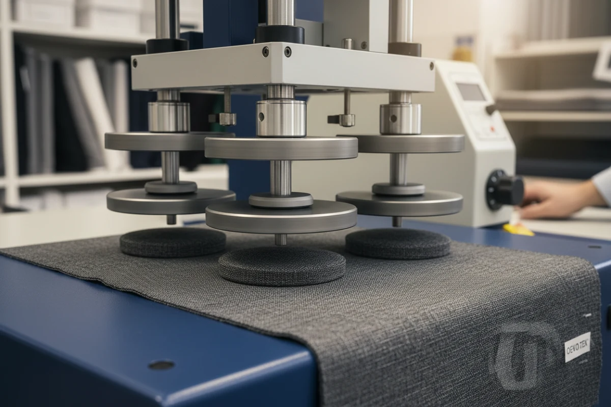 Martindale wear testing on contract grade eco friendly fabric.