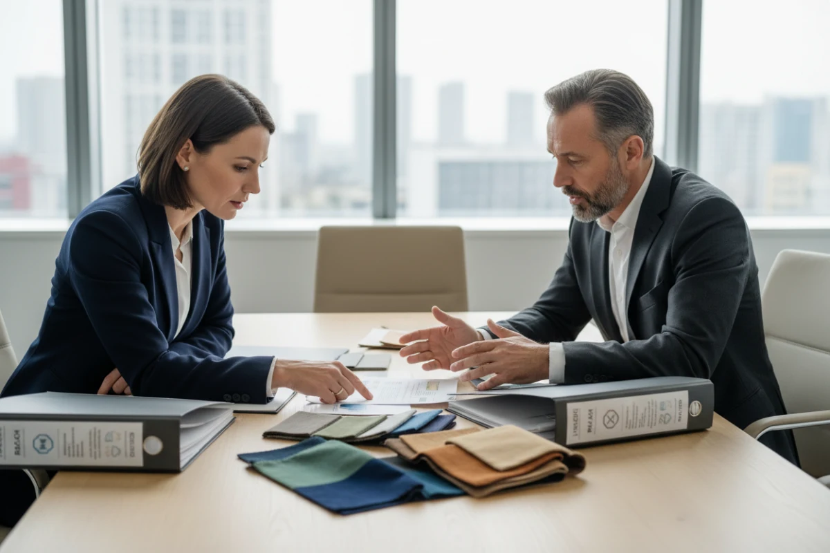 Evaluating a REACH furniture supplier and auditing compliance test reports during a meeting.