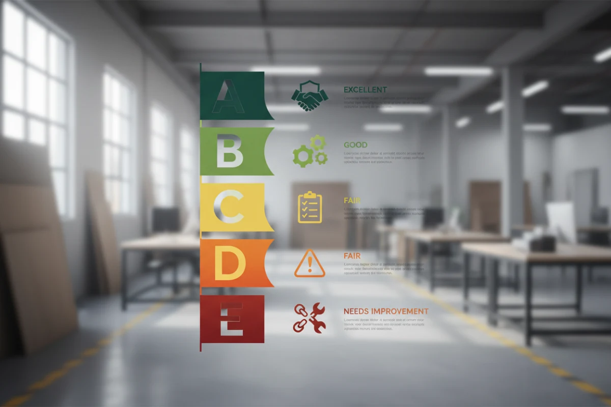 Visual chart showing the BSCI social compliance audit rating scale from A to E.