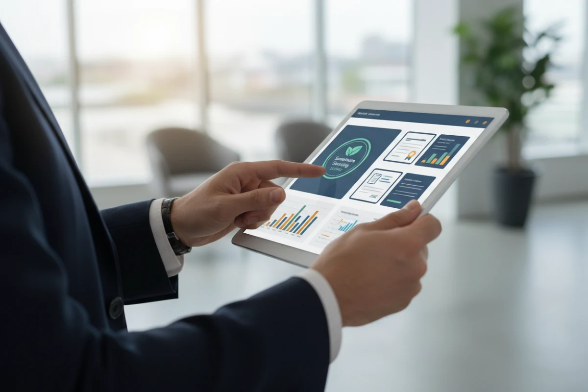 A buyer authenticating compliance documents for sustainable furniture sourcing on a tablet.
