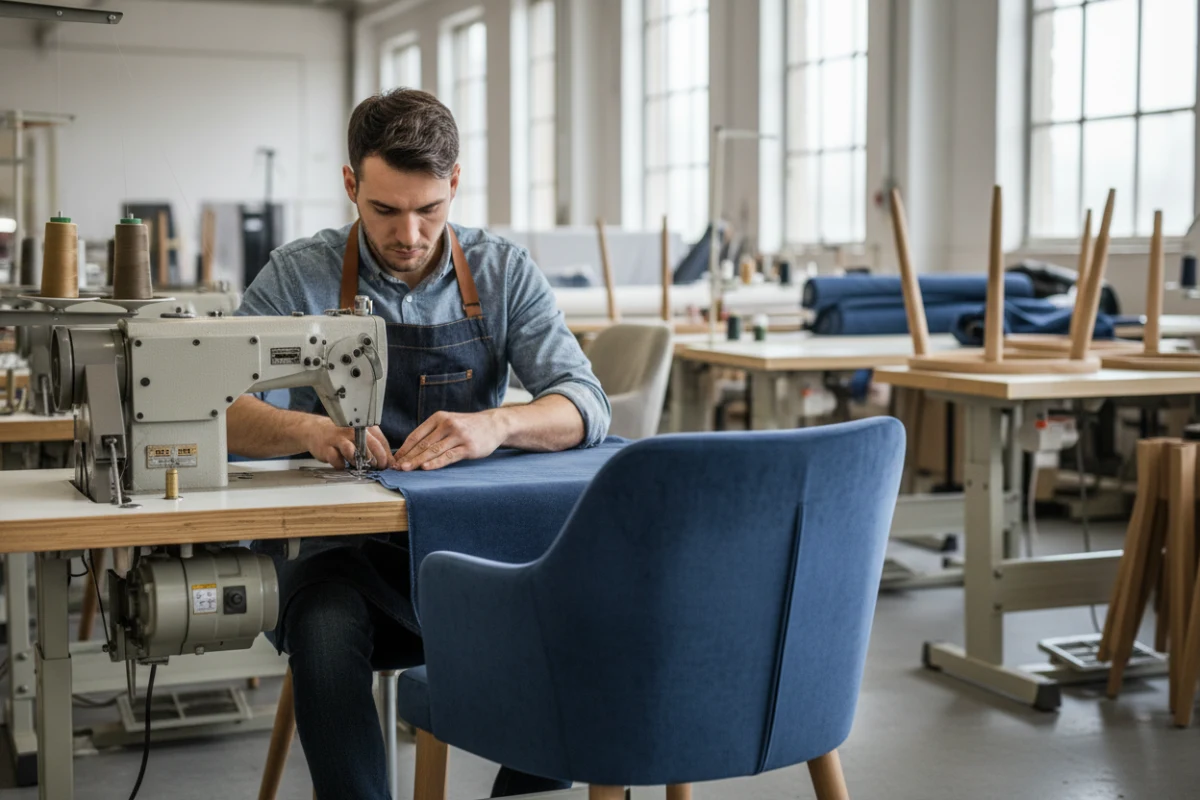 Skilled craftsman sewing fabric on a dining chair at an upholstered dining chair factory.
