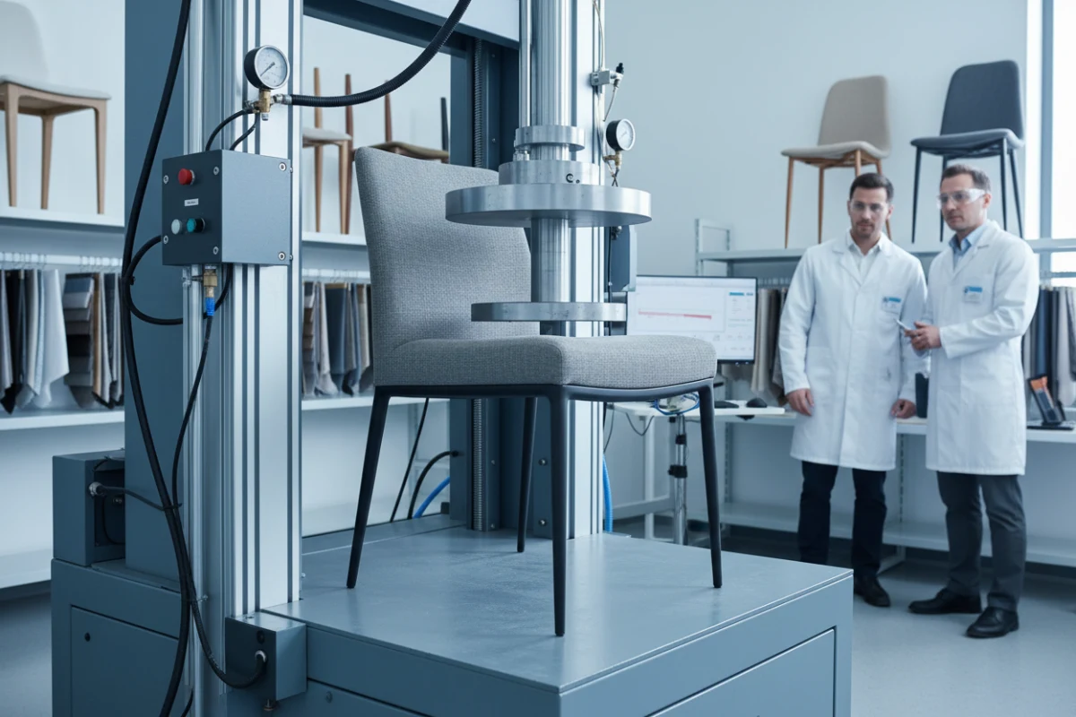 Quality assurance testing at a commercial dining chair manufacturer facility.