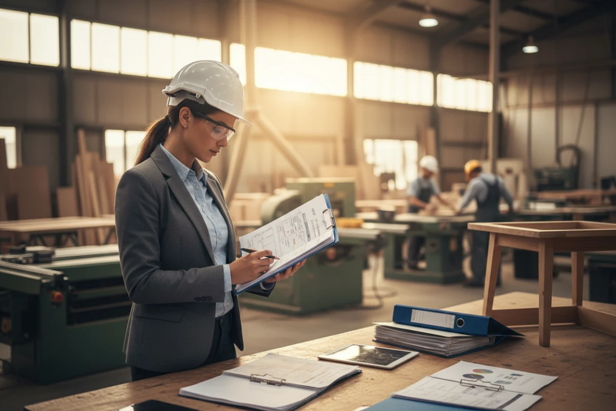 A compliance auditor examining documents for a BSCI audit report at a furniture workshop.