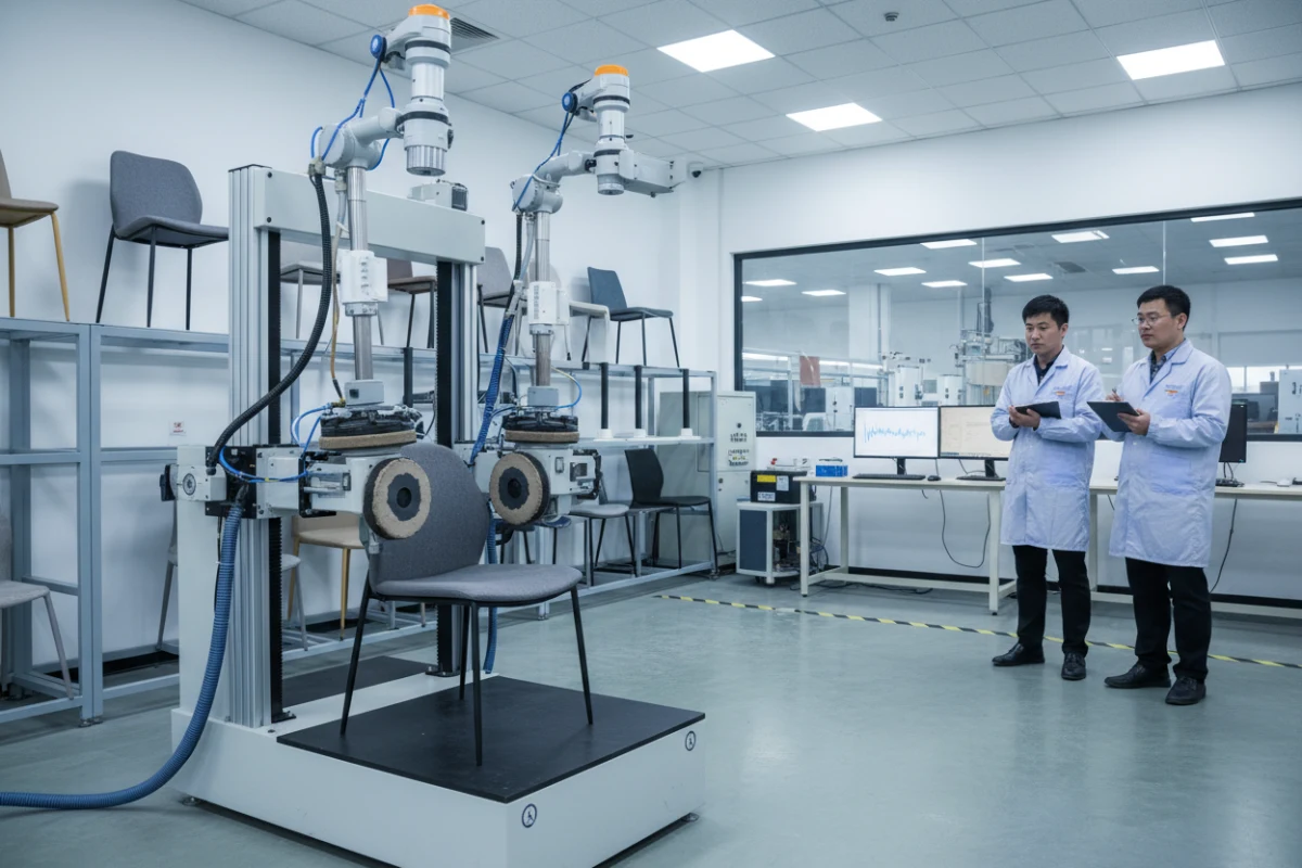 Commercial chair undergoing structural BIFMA testing in a factory