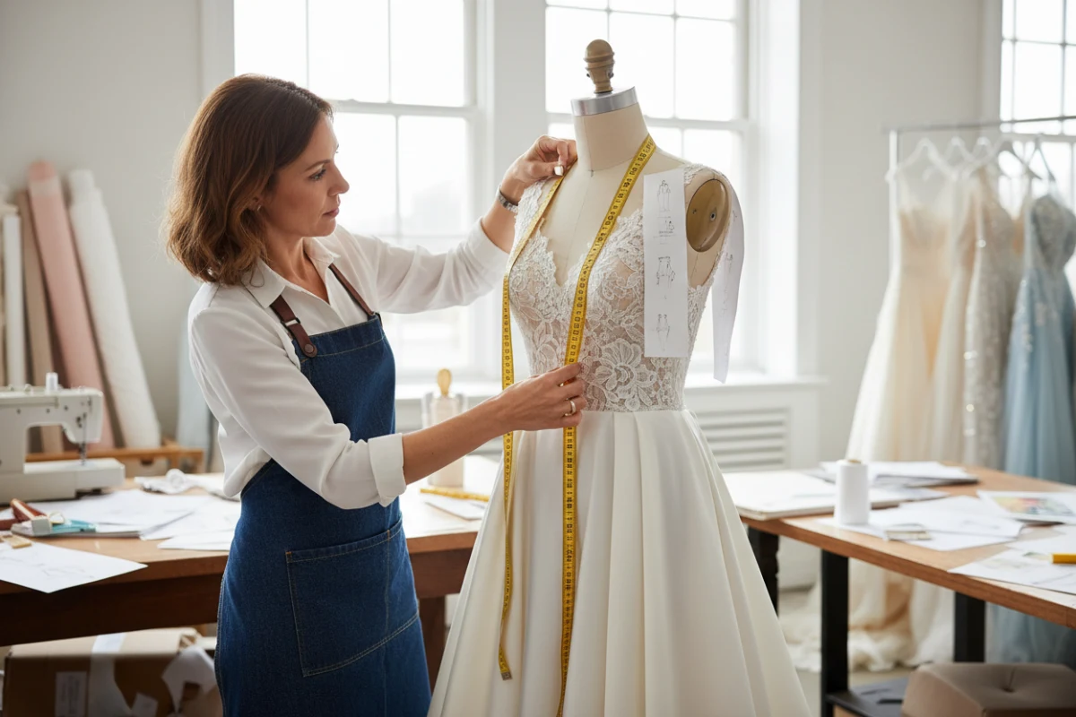 Processus d'ajustement chez un bridal gown sample order manufacturer expérimenté.