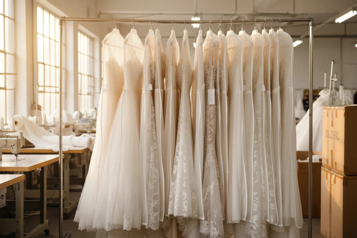 Robes de mariée prêtes à être expédiées après une évaluation fournisseur robe mariée réussie.