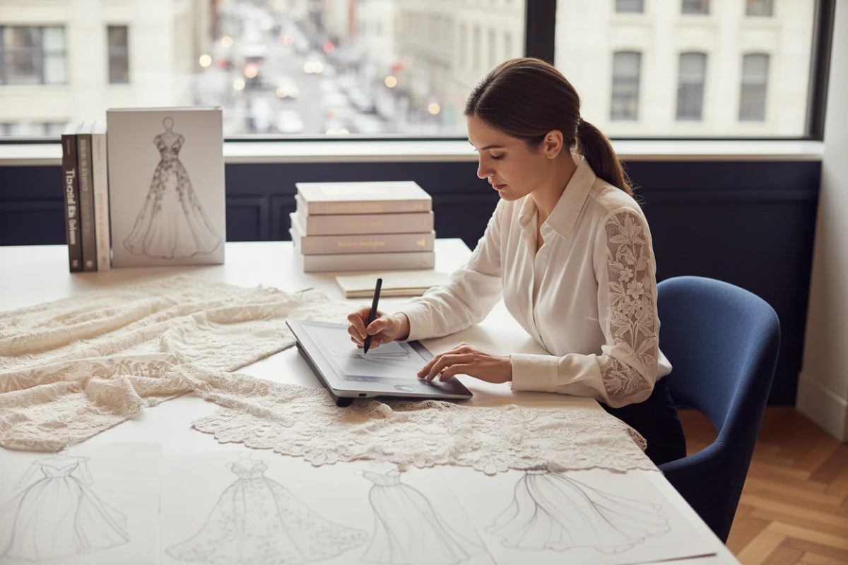 Processus de création rapide collection mariage avec des croquis et échantillons de dentelle.