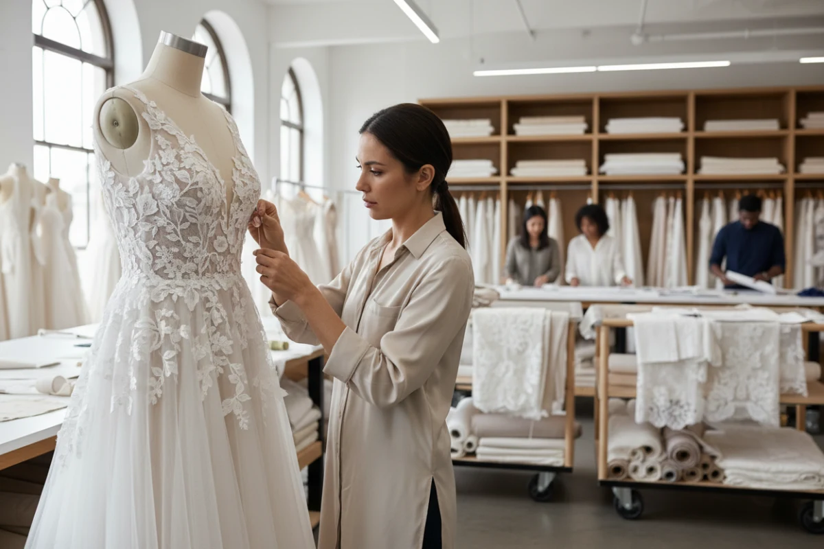 Skilled seamstress working on a bridal gown representing quick replenishment bridal manufacturers