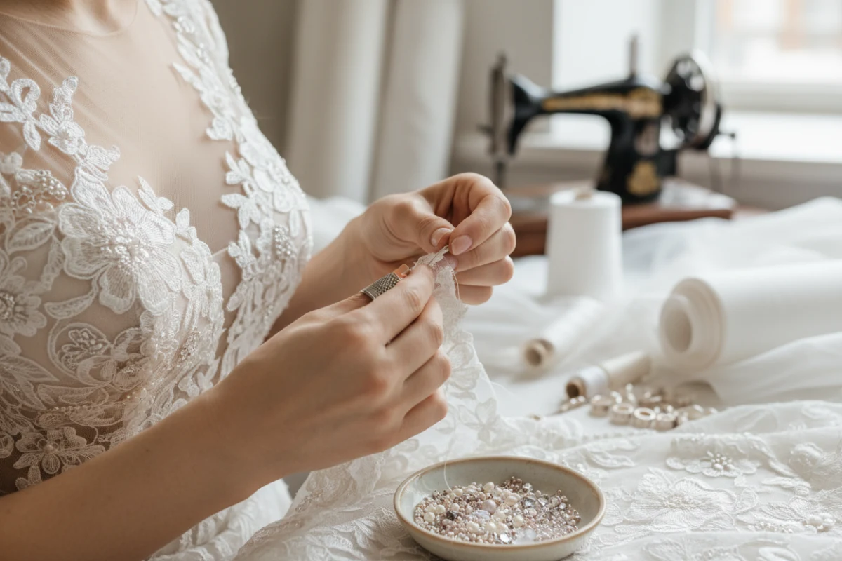 Couture artisanale sur une robe de mariée personnalisée en série limitée.