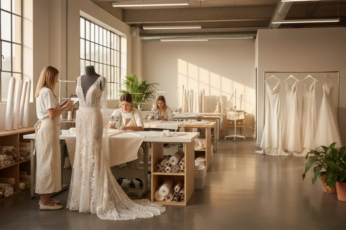 Ligne de production flexible de robes de mariée chez Huasha.