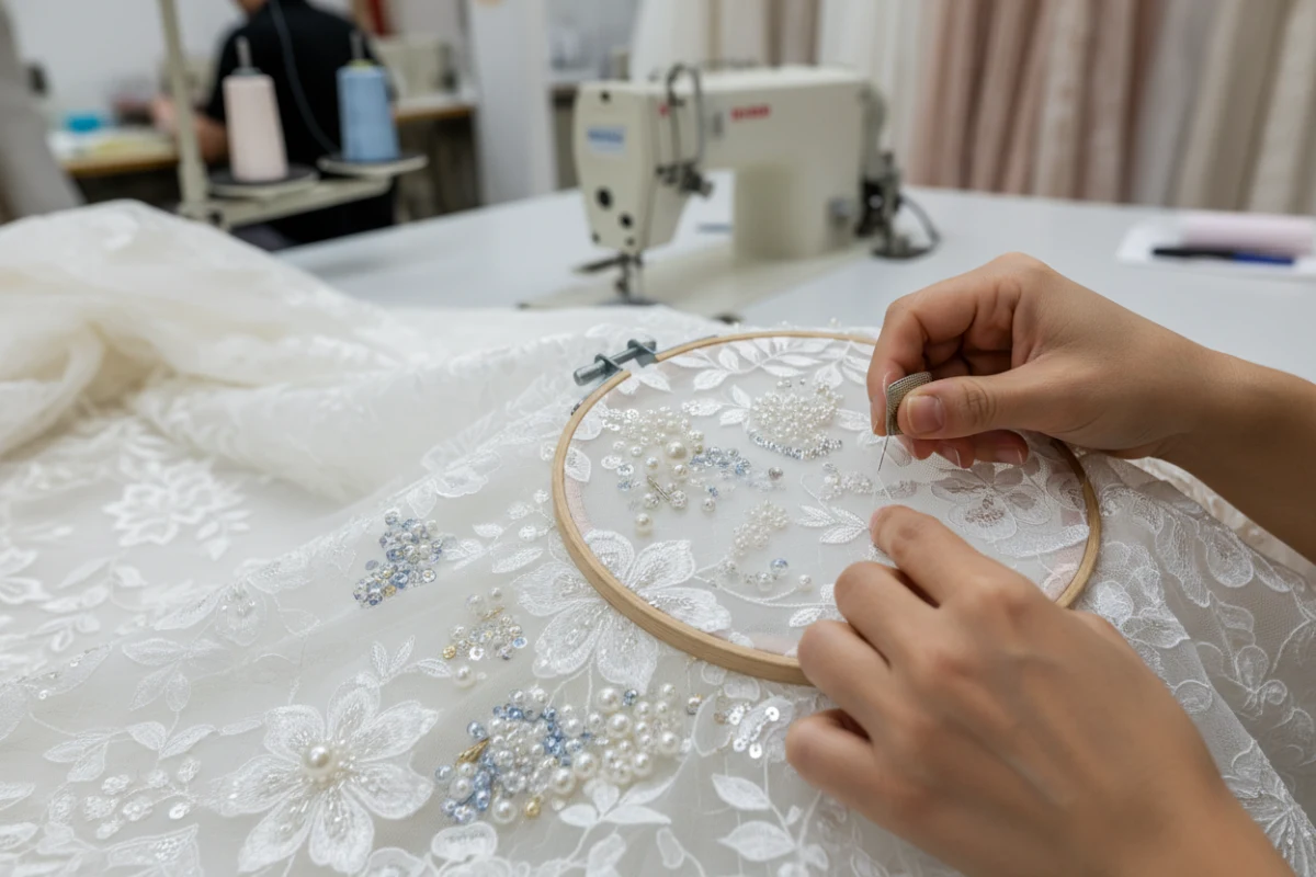 Inspection de la qualité de la dentelle pour évaluer un grossiste robe de mariée sur mesure.