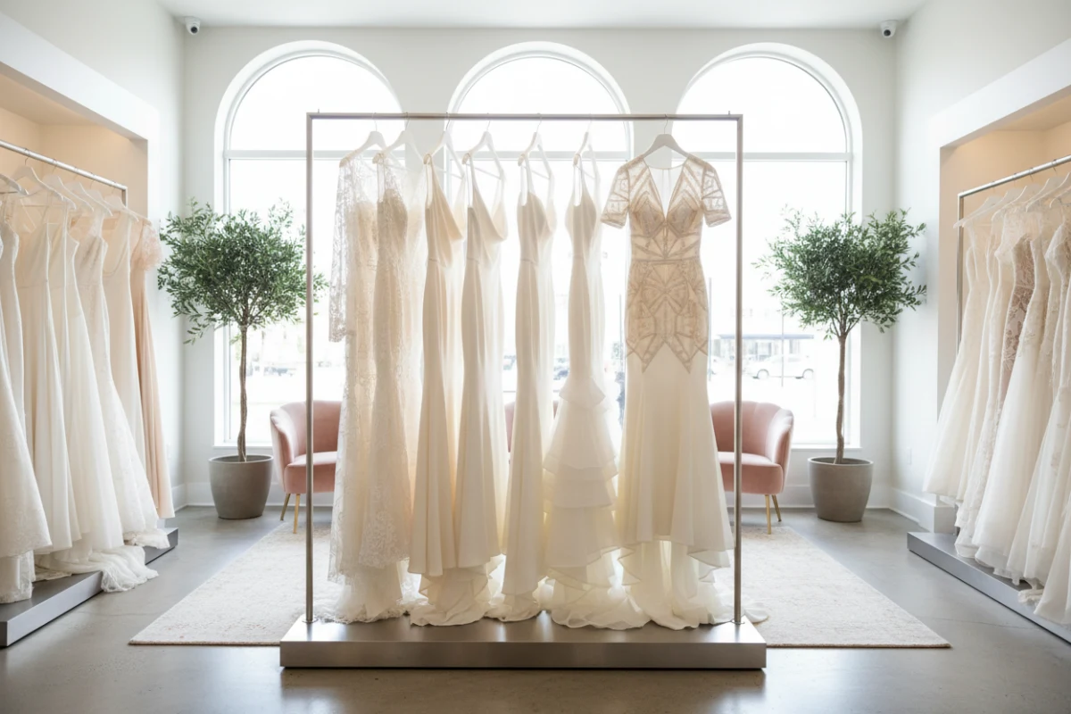 Organized wedding gowns in a modern boutique demonstrating efficient bridal inventory management