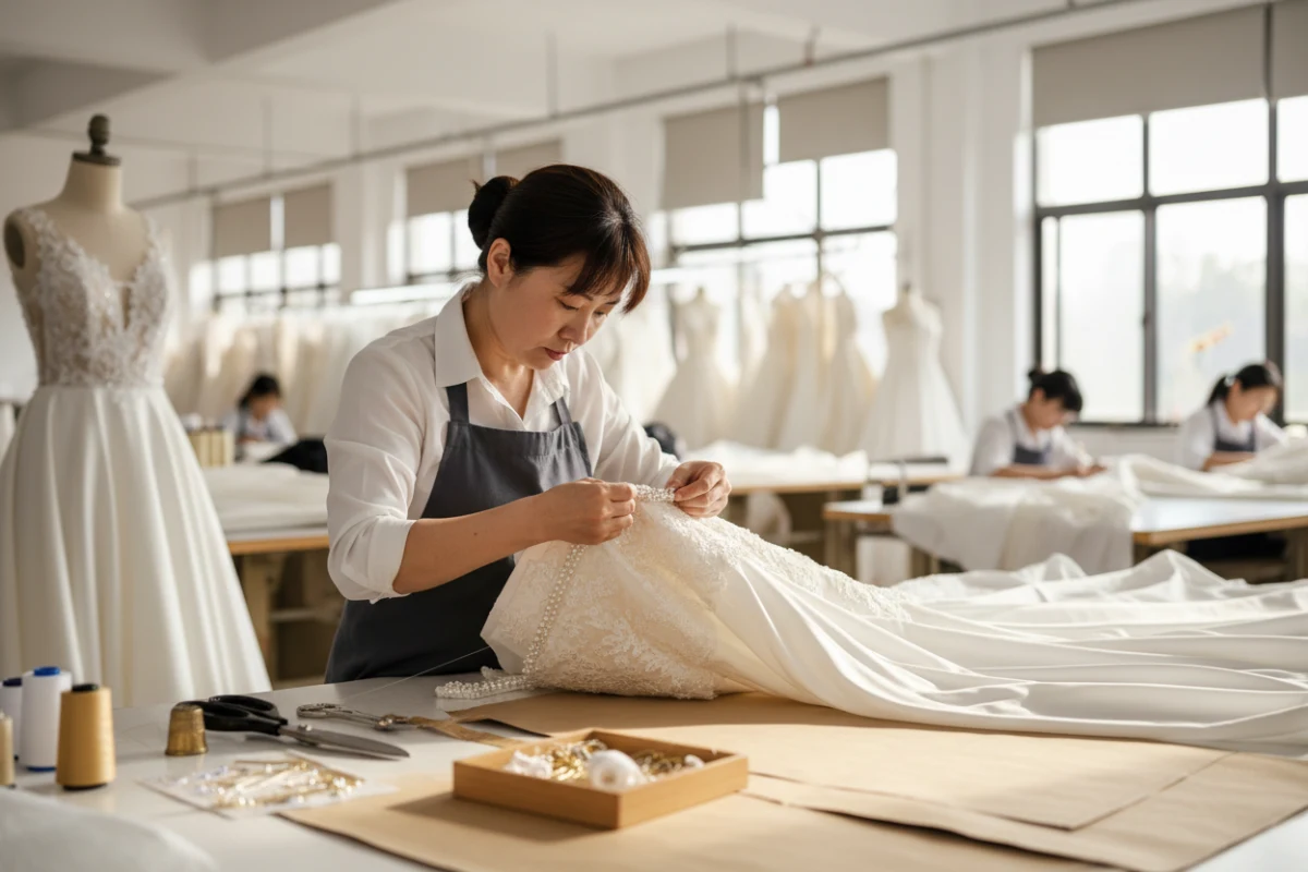 Sastre profesional confeccionando pedidos de muestra de vestidos de novia en la fábrica