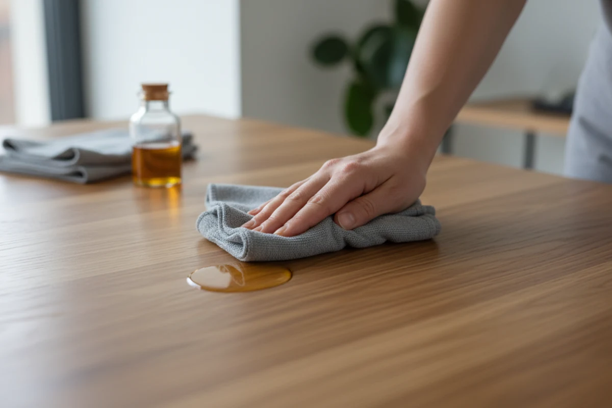 Hand cleaning an ASKT solid wood table with a damp microfiber cloth.