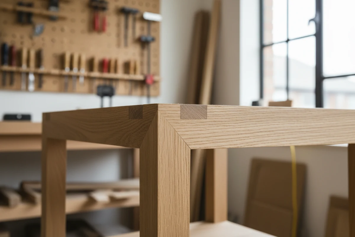 A close-up of premium joinery craftsmanship on a solid oak ASKT dining chair.