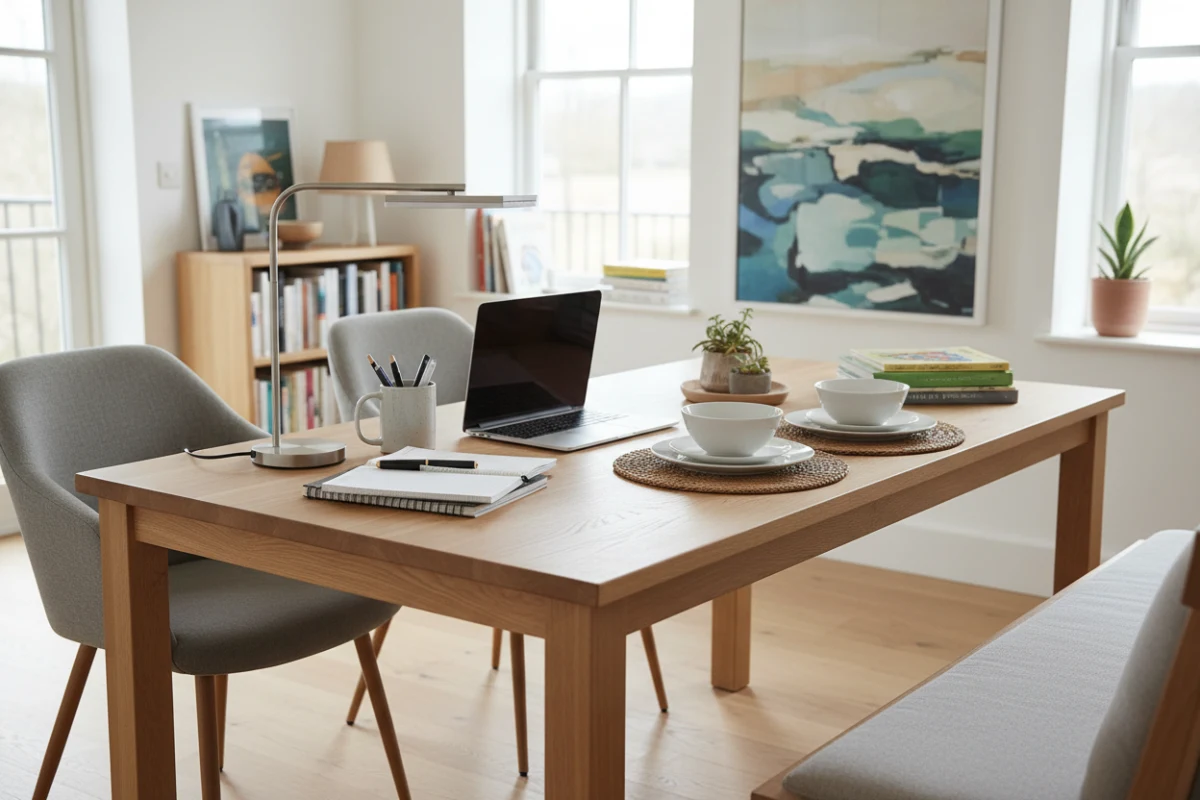 ASKT table configured as a spacious home office conference table with laptops and stationery.