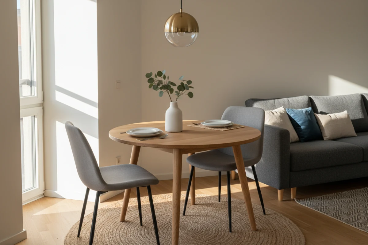 Round ASKT space-saving dining table styled in a corner breakfast nook.