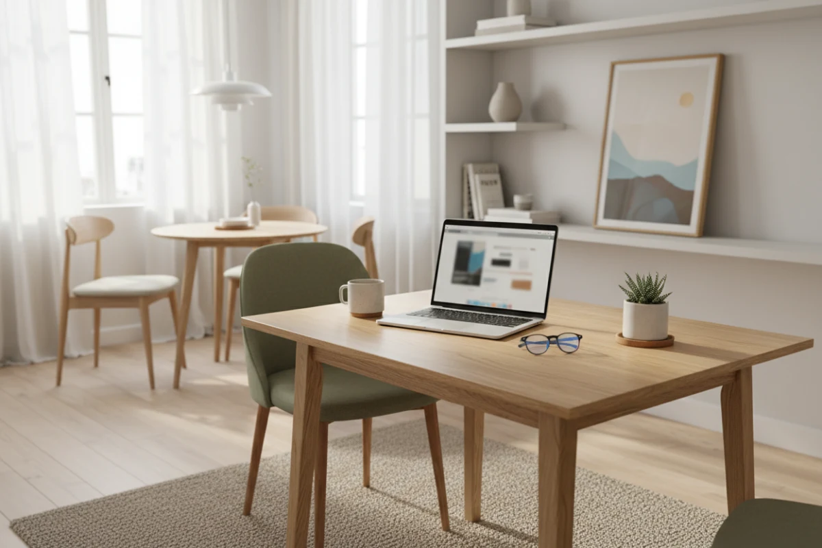 Multi-functional ASKT compact living room table used as a home office desk.