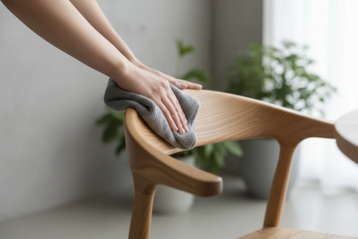 Wiping down a wooden ASKT dining chair with a soft microfiber cloth.