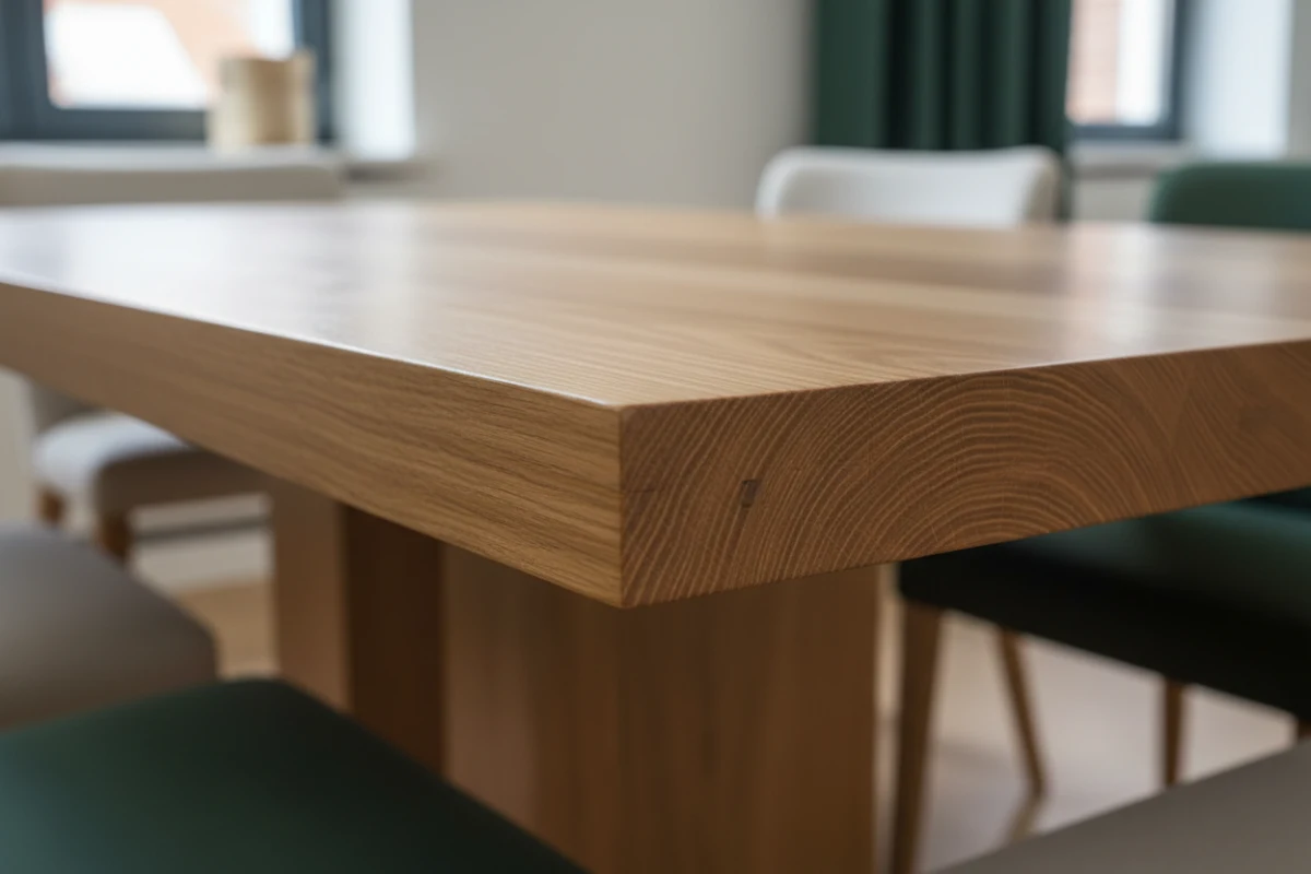 Close-up of premium dining table craftsmanship on an ASKT oak table corner.