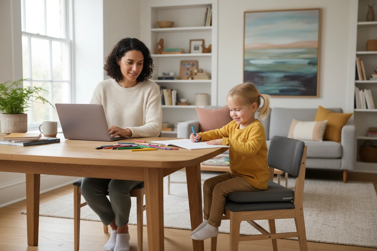 Family members sitting on durable ASKT dining chairs while working and drawing.