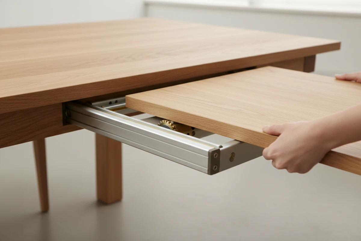 Detailed view of the space-saving extension mechanism on an ASKT dining table.