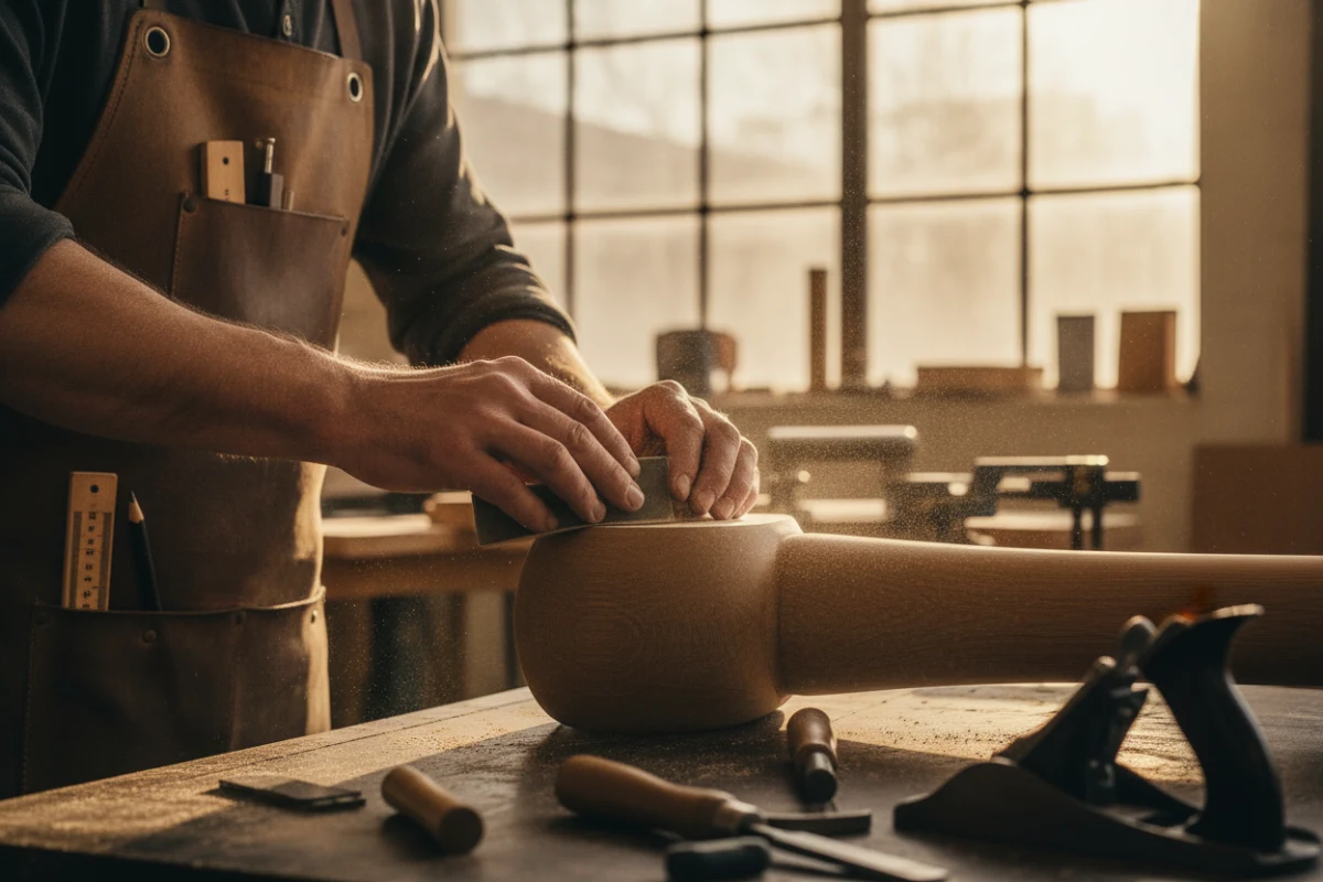 Close-up of artisan hand-sanding a solid wood table leg.