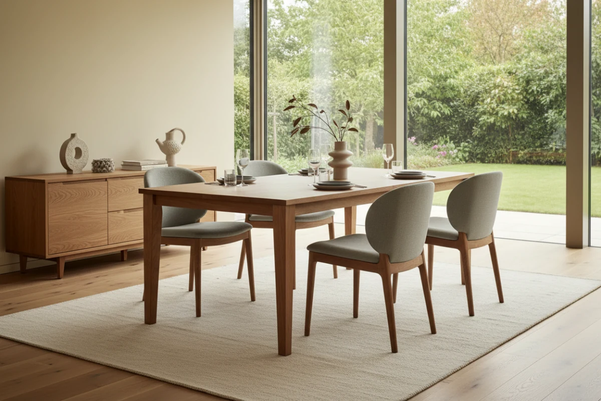 A modern dining room set by ASKT featuring a solid oak table and ergonomic chairs.