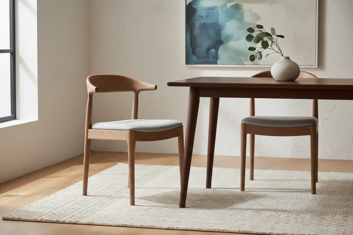 Minimalist wooden dining chairs paired with a modern dining table.