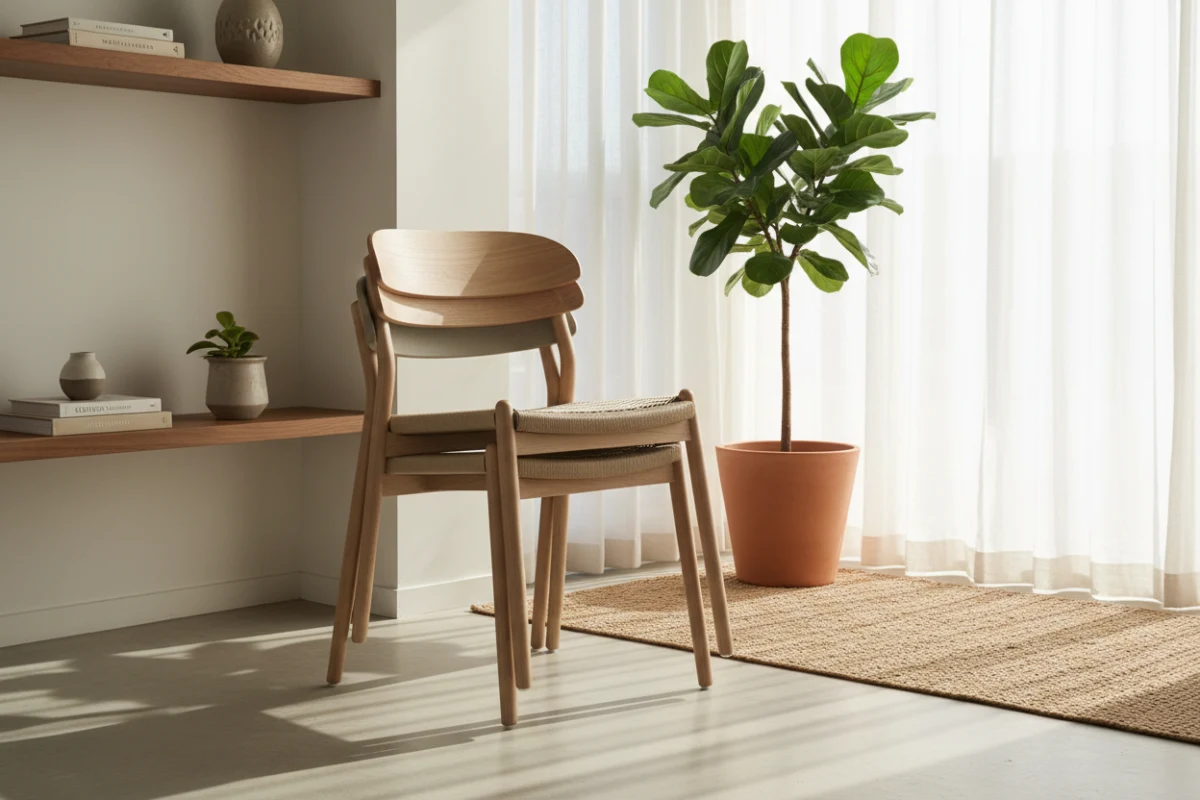 Three stackable ASKT minimalist dining chairs stored in a compact room corner.