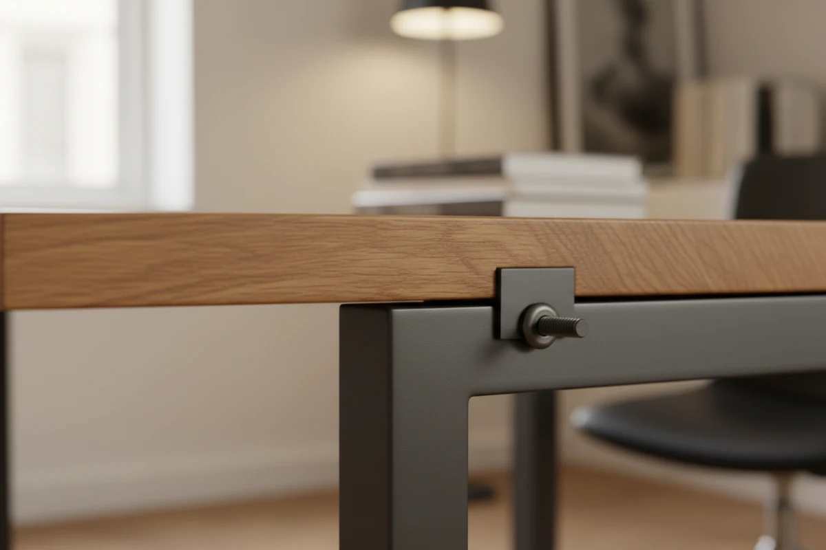Close-up of ASKT dining table oak wood top and sturdy steel frame joint.