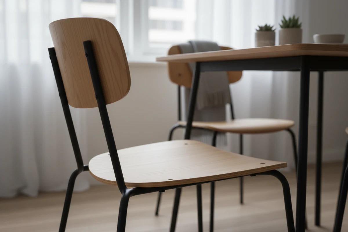 Close-up of ASKT Slimline minimalist dining chair showing narrow profile and metal legs.