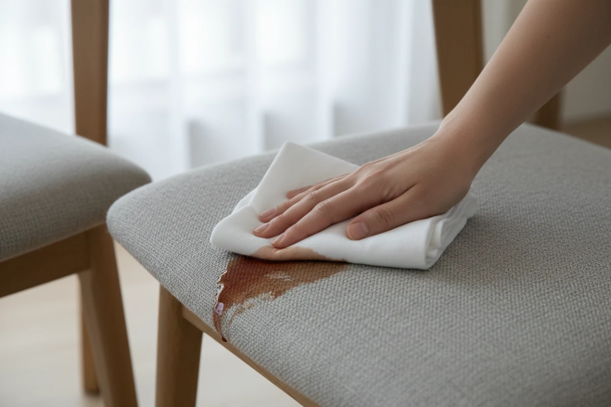 Blotting a liquid spill on upholstered ASKT dining chair fabric.