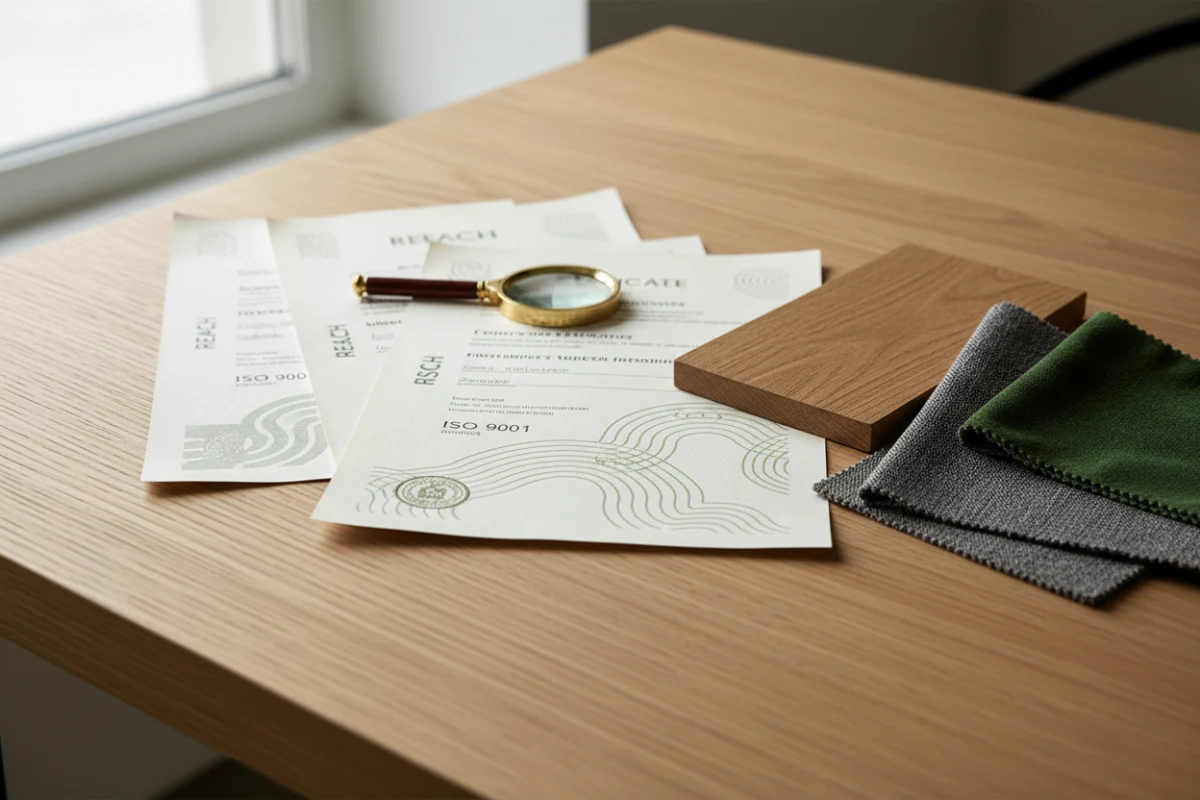 REACH and FSC certification papers lying next to premium furniture materials.