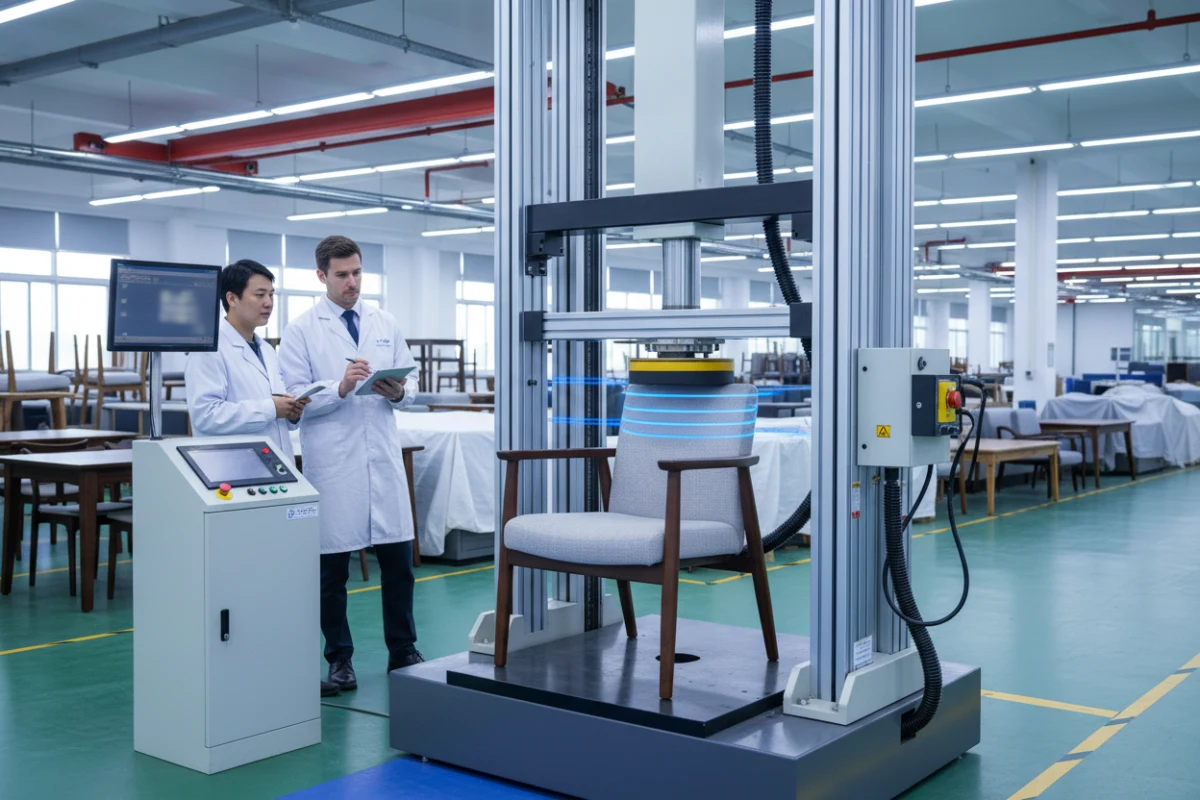 A chair undergoing structural safety testing at an EU compliant furniture factory in China.